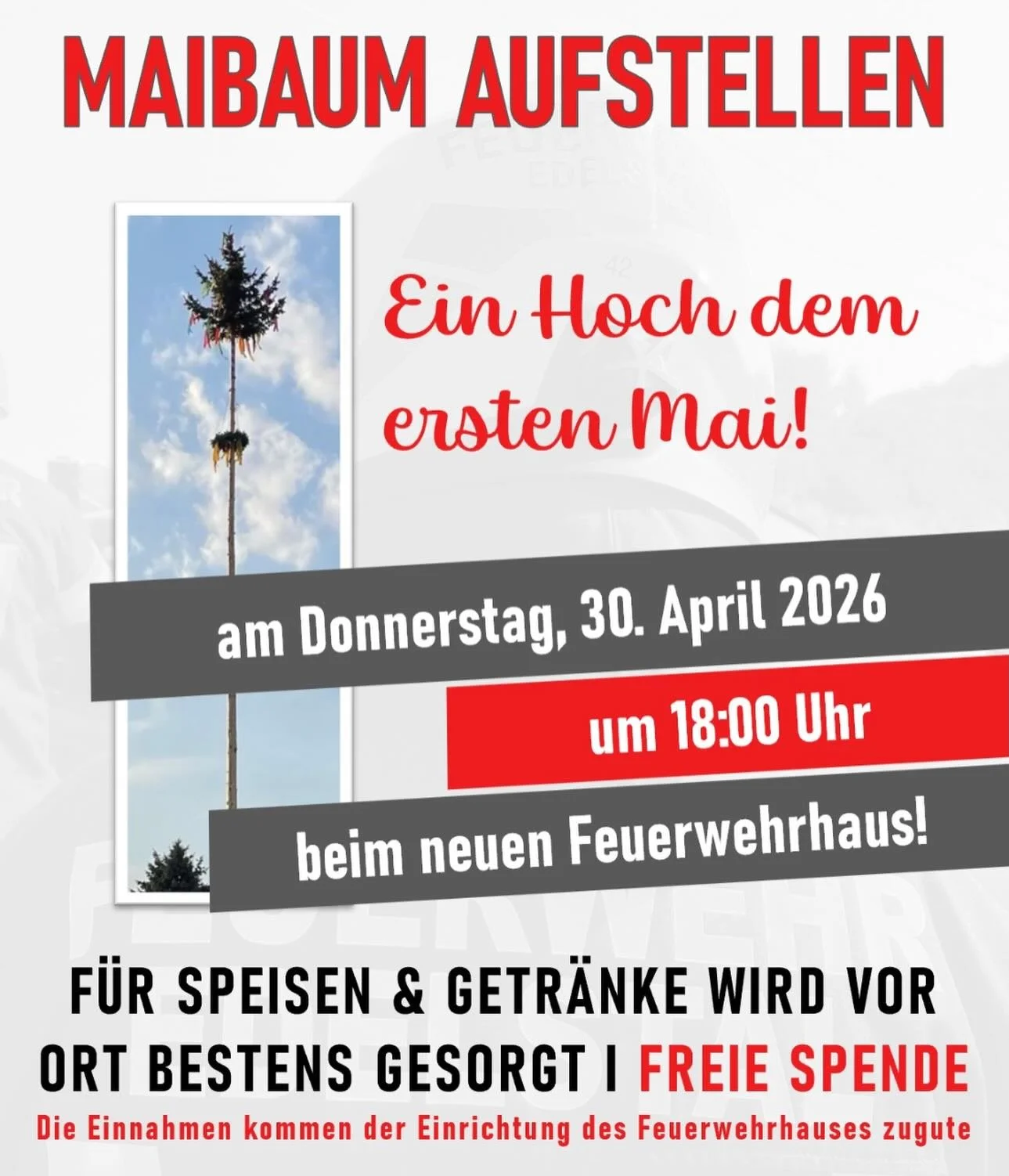 Einladung zum Maibaum-Aufstellen 🌳🚒

Am 30.04. um 18:00 Uhr laden wir euch herzlich zum traditionellen Maibaum-Aufstellen beim neuen Feuerwehrhaus ein! 🚒🏡

F&uuml;r kleine Speisen und Getr&auml;nke ist bestens gesorgt.

Kommt vorbei &ndash; wir f