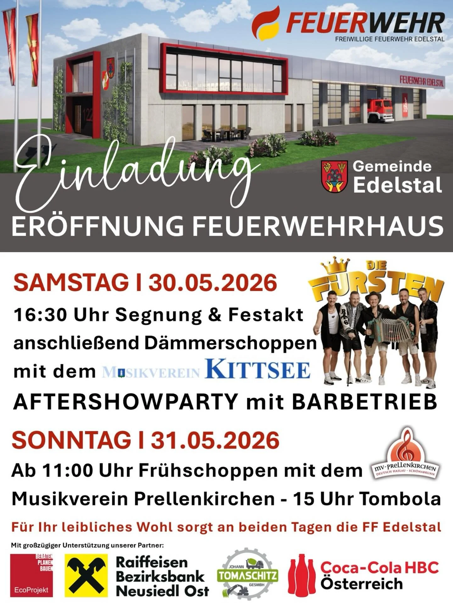 🚒🔥 Er&ouml;ffnung des neuen Feuerwehrhauses &amp; Feuerwehrfest in Edelstal &ndash; das Highlight im Mai! 🔥🚒

📅 Samstag, 30.05.2026
🎉 Feierliche Er&ouml;ffnung des neuen Feuerwehrhauses
🍻 D&auml;mmerschoppen mit dem Musikverein Kittsee
🍹 Barb