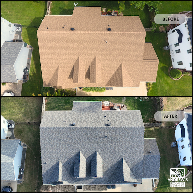 Aerial view of a house before and after re-roofing, showing renovation with a new gray shingle roof replacing a tan one.