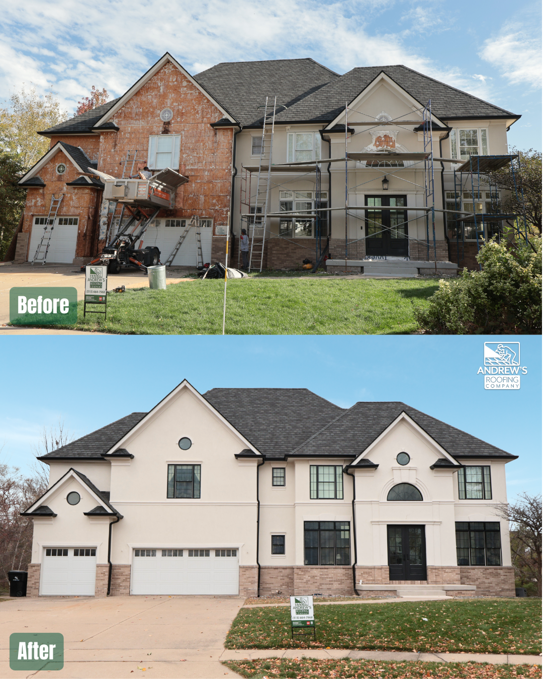 Comparison of a house before and after renovation, showing exterior improvements including fresh paint, new windows, and cleaned landscaping.