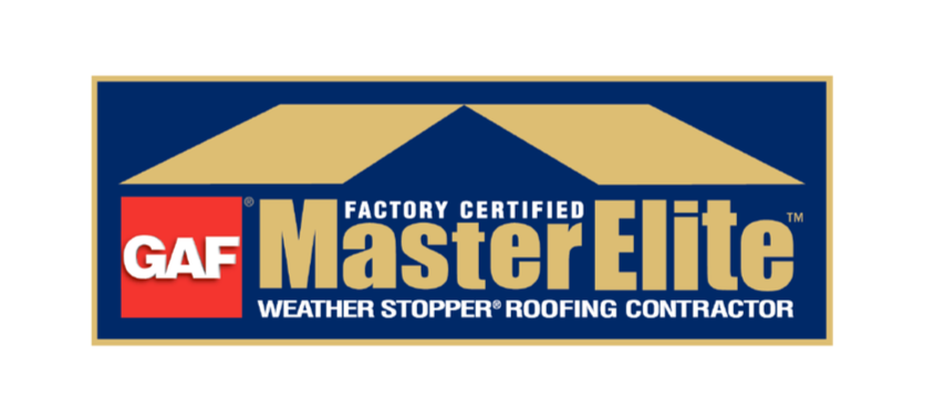 Logo of GAF roofing Master Elite Weather Stopper Roofing Contractor badge.