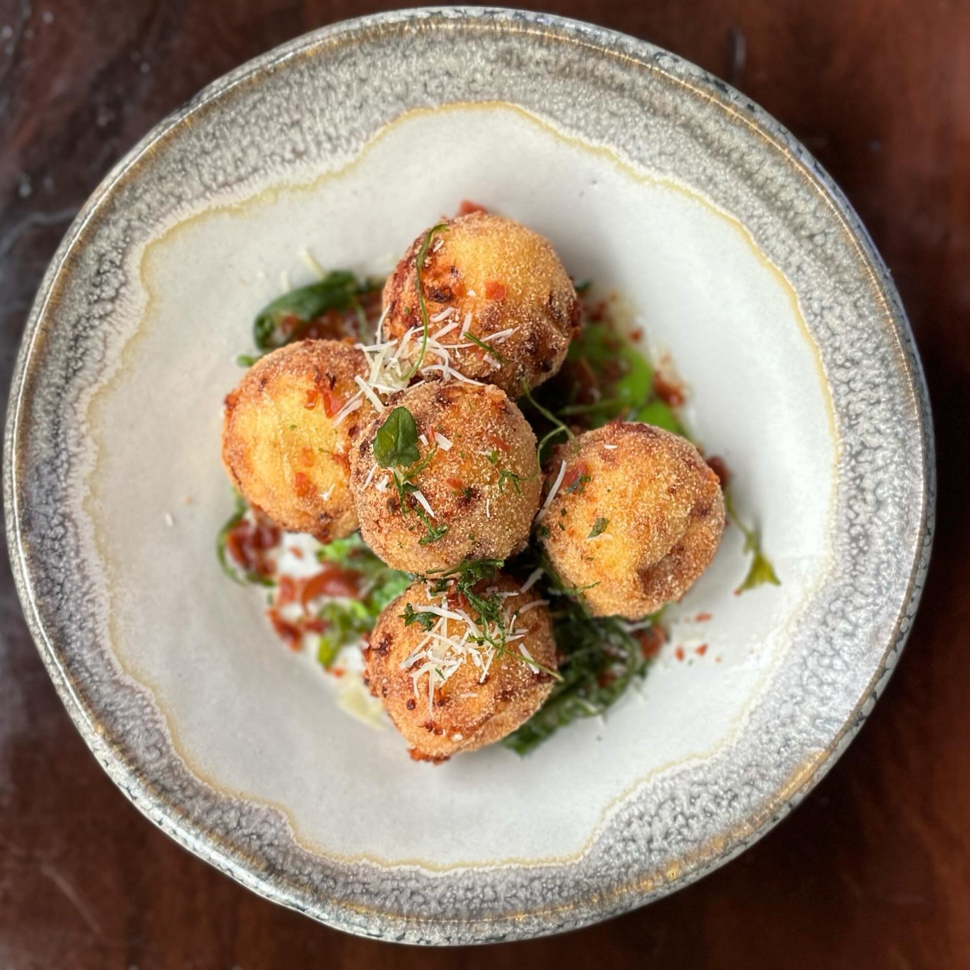 Gnudi are pillowy fried ricotta dumplings. 

Paired for the season with English Pea Puree, Crispy Prosciutto, Fried Arugula, and Locatelli 
&bull;
&bull;
#publickhouse #westfield #mountainside #gastropub #food