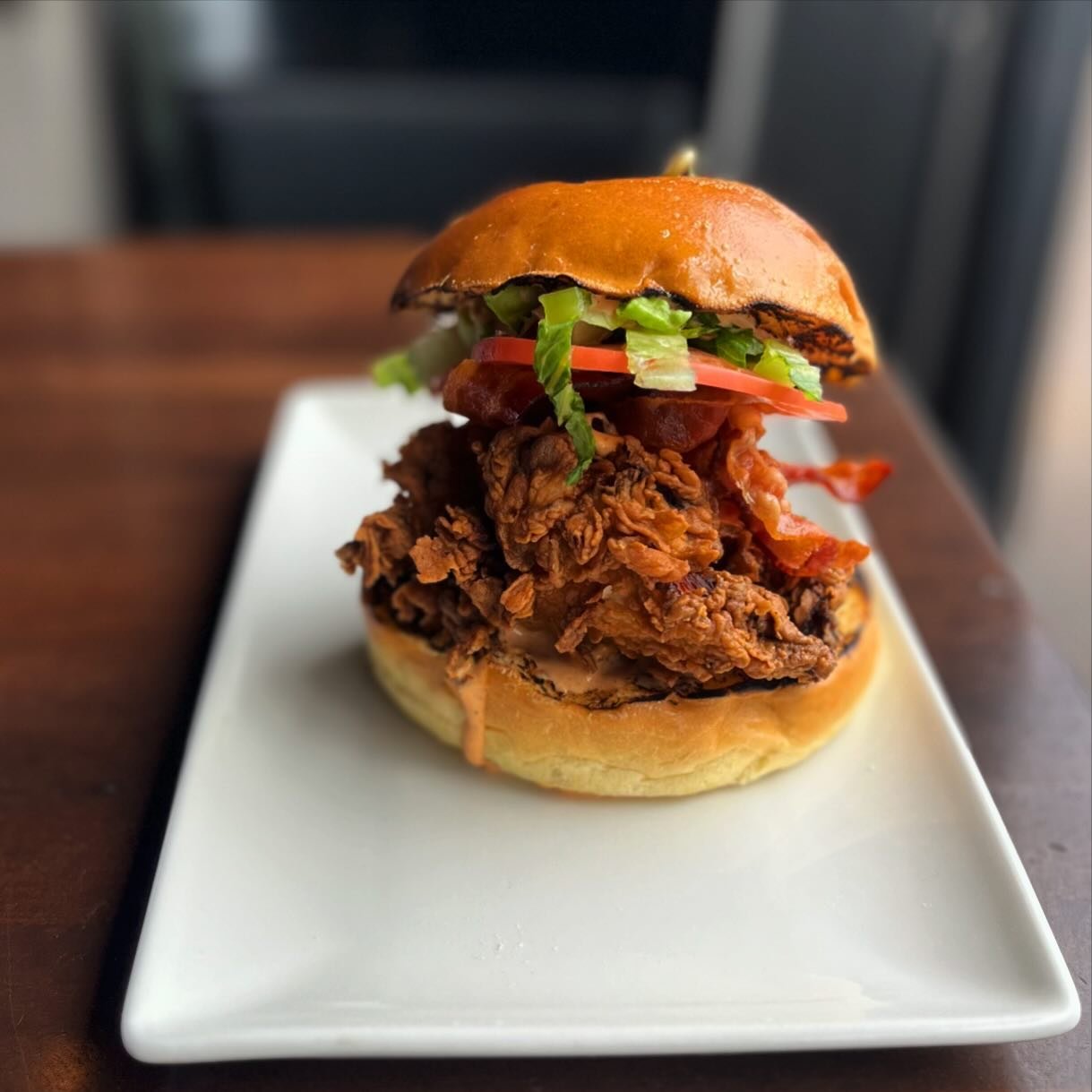 Fried Chicken Sandwich 

Spicy Ranch, Bacon, Lettuce, Tomato 

Available Monday - Saturday till 4PM. 
. 
 
&bull;
&bull;
#publickhouse #westfield #mountainside #gastropub #food #happyhour #lunch