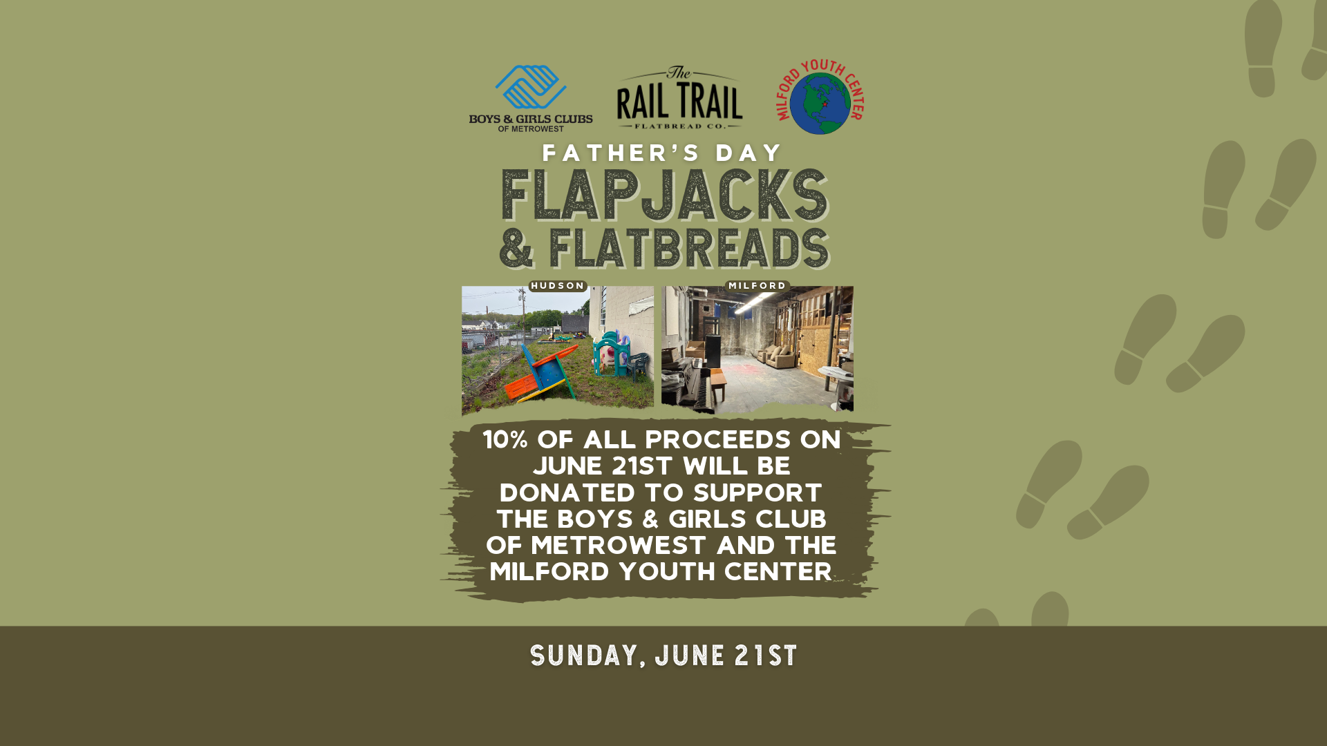 Event poster for Father's Day Flapjacks & Flatbreads fundraiser, featuring logos of Boys & Girls Clubs of MetroWest, Rail Trail, and Milford Youth Center. Contains images of outdoor toys and indoor lounge, with text about proceeds benefiting youth or