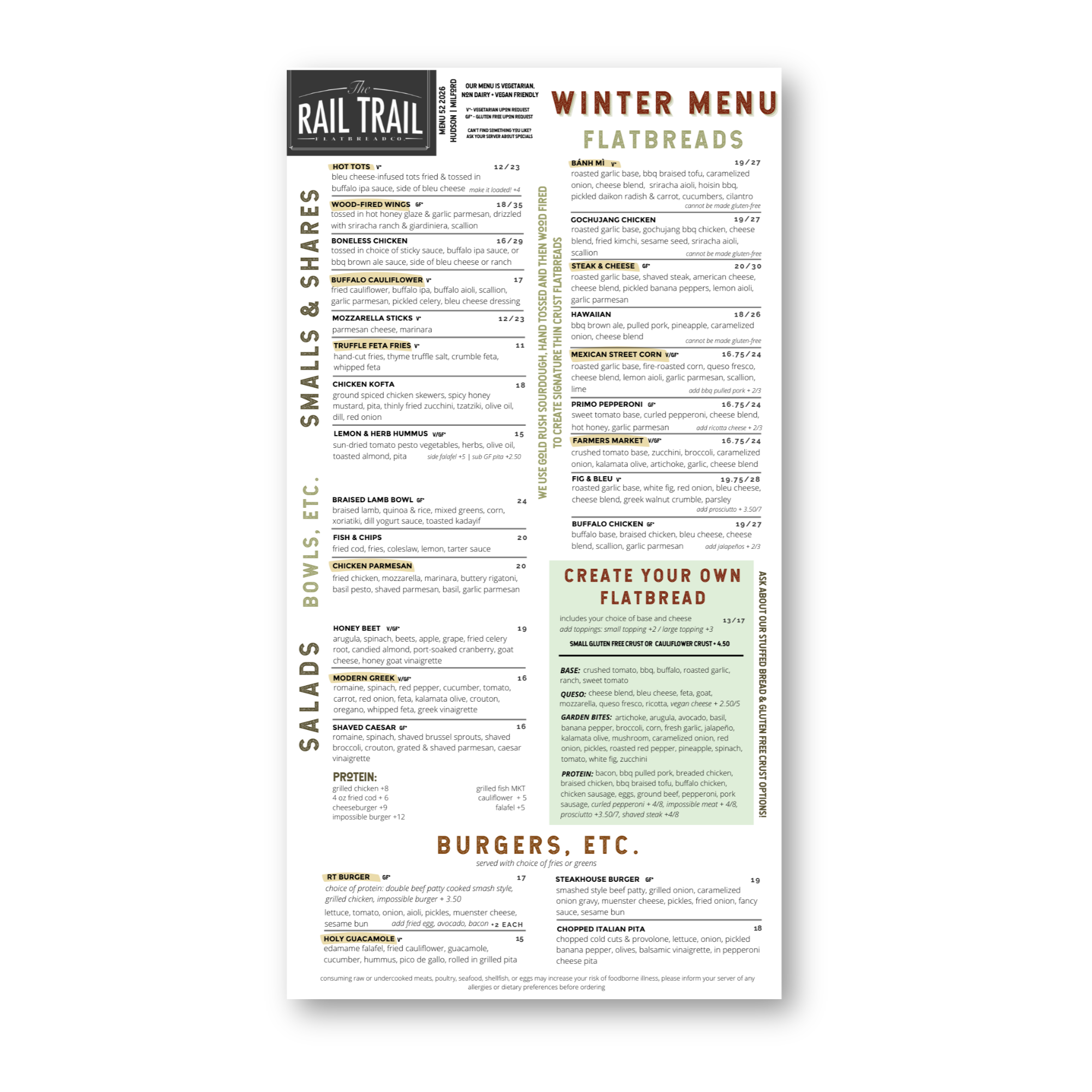 Winter menu featuring flatbreads, small salads, bowls, sides, and burgers at The Rail Trail. Included are descriptions and prices of various dishes like hot tots, wood-fired wings, chicken parmesan, steak & cheese, and customizable flatbreads.