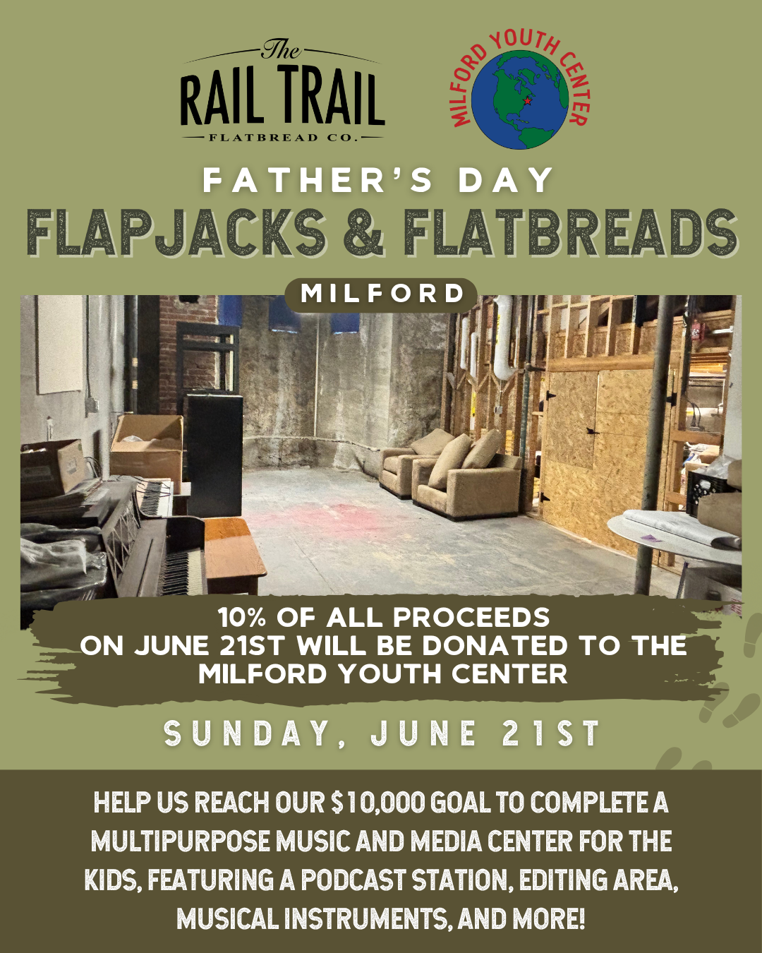 Promotional flyer for a Father's Day event featuring flapjacks and flatbreads at the Milford Youth Center. The flyer includes a rustic indoor photo with chairs, a piano, and building materials. It announces that 10% of proceeds on June 21st will be donated to the center and encourages donations toward a media center project.