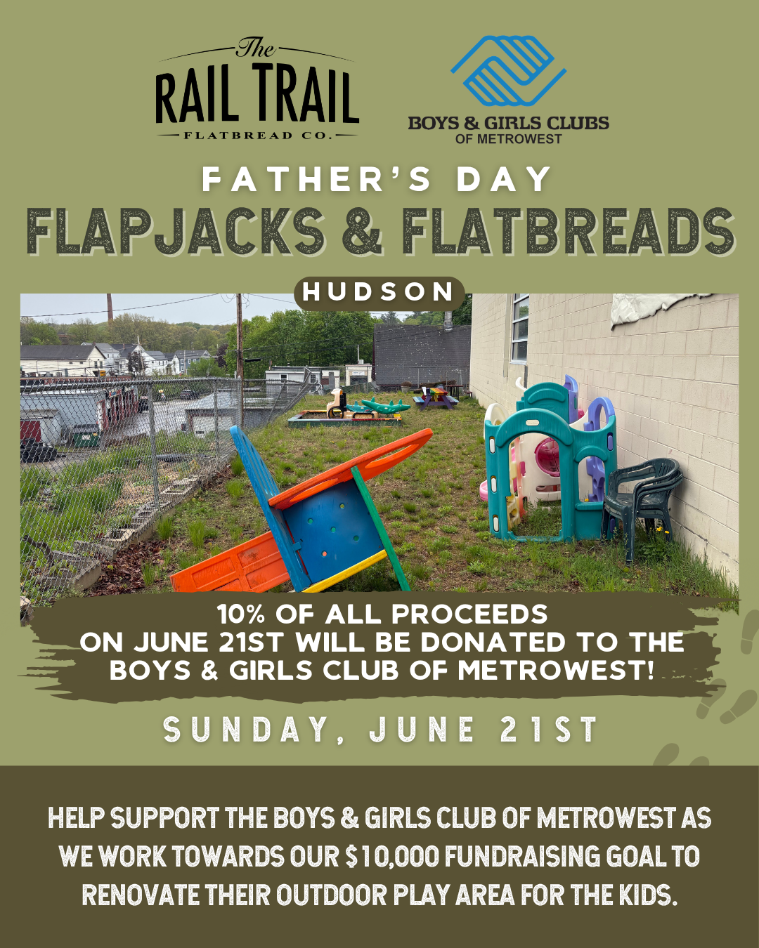 Flyer for a Father's Day event titled 'Flapjacks & Flatbreads' at The Rail Trail Flatbread Co. and Boys & Girls Clubs of Metrowest, happening on Sunday, June 21st. The flyer features an outdoor area with children's play equipment and illustrations of playground structures.