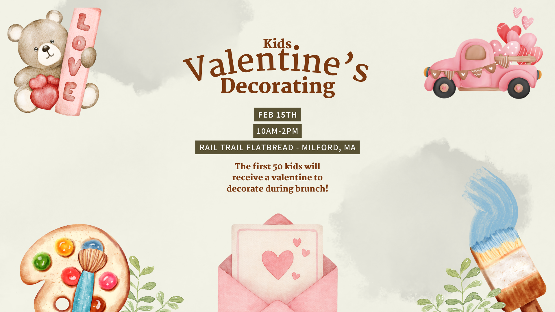 Kids Valentine’s Decorating event at Rail Trail Flatbread in Milford, MA on February 15th from 10am–2pm, featuring Valentine crafts for kids during brunch
