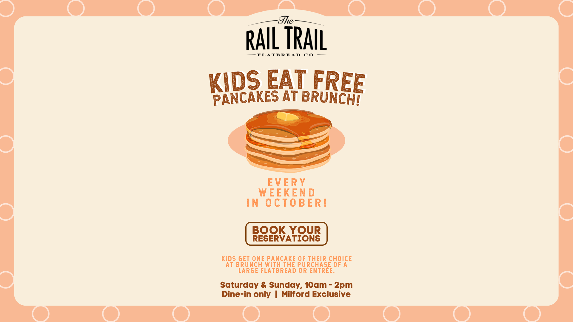 Promotional flyer for The Rail Trail Flatbread Co. advertising free pancakes for kids during brunch every weekend in October, with an illustration of a stack of pancakes with butter on top.