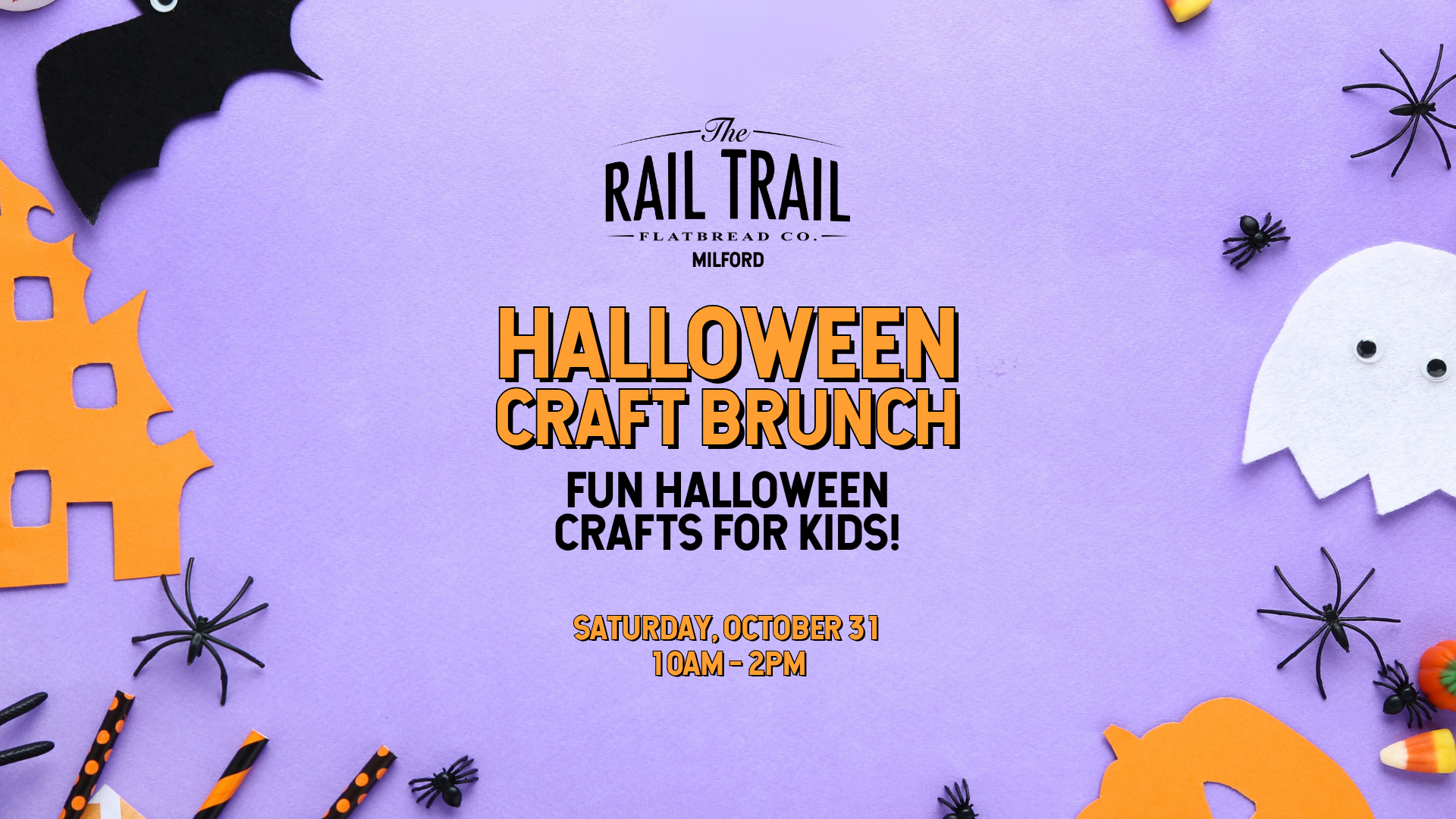 Pink background with Halloween-themed paper cutouts of bats, spiders, ghosts, and pumpkins, along with orange and black striped straws. The flyer promotes a Halloween craft brunch event for kids, scheduled for Saturday, October 31, from 10 am to 2 pm