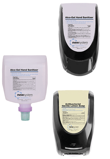 Wall mounted soap and hand-sanitizer dispensers, and refills.