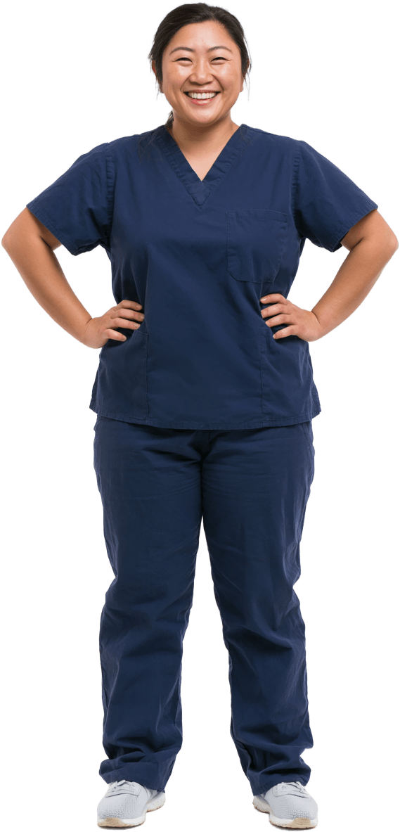 Healthcare staff wearing navy blue scrubs.