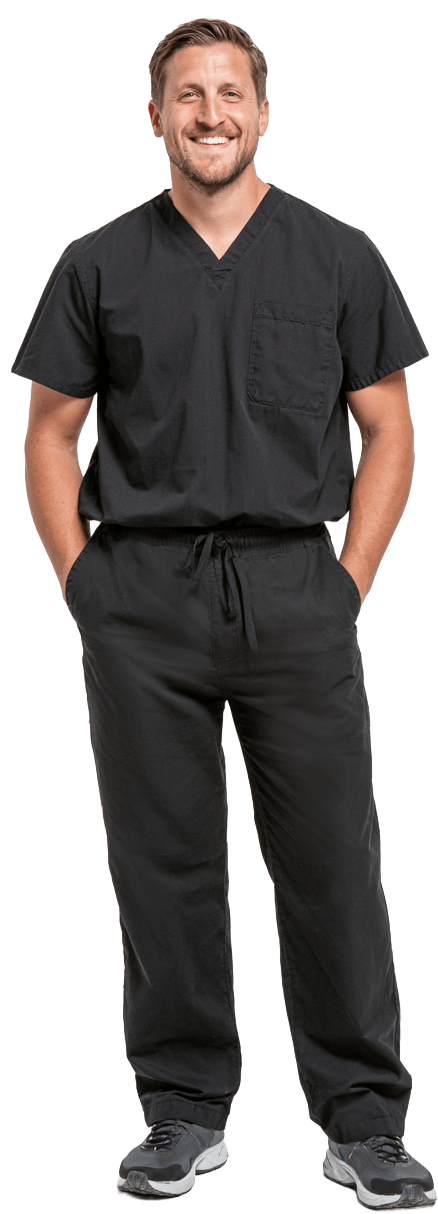 Healthcare staff wearing black scrubs.