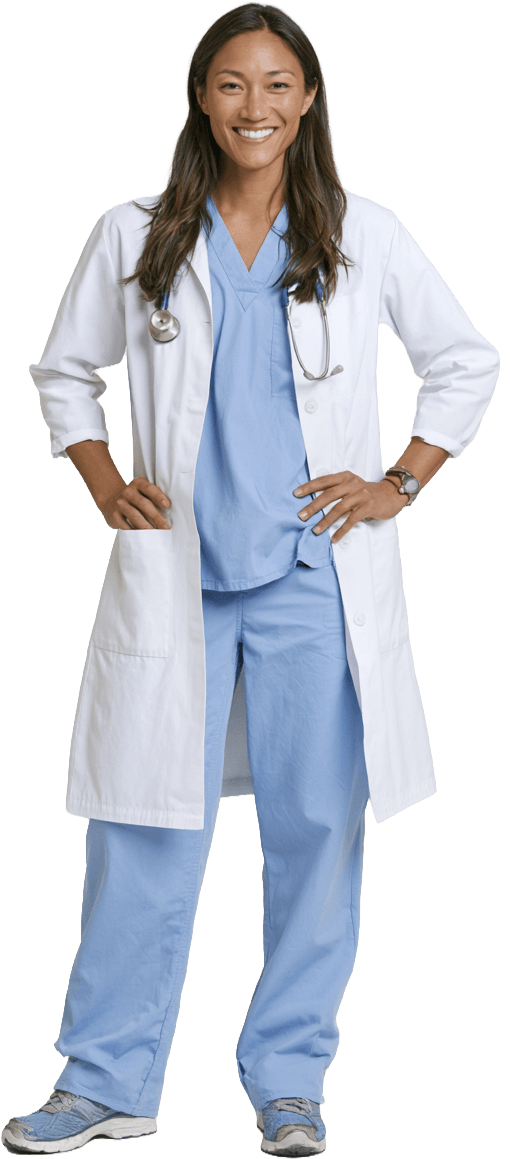 Healthcare staff wearing a white lab coat over blue scrubs.