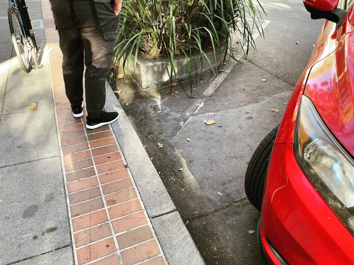 As seen on University Avenue in Palo Alto

Street trees are planted within the parking zone
Placement helps visually narrow the street
Mature trees form an overhead canopy
Planters provide green respite from the diagonal parking