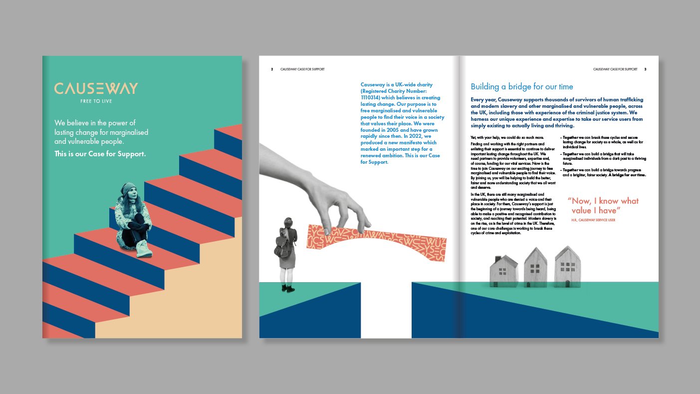 Causeway charity brand naming and identity. Case for support design
