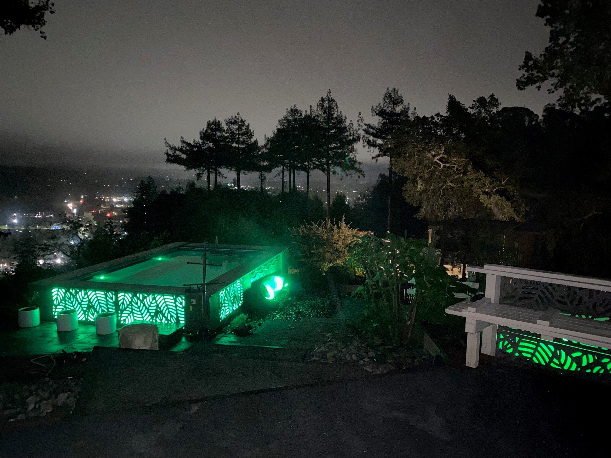Swim current pool, with LED sidewalls to make it blend into the forest and reflect the bay waters in the distance