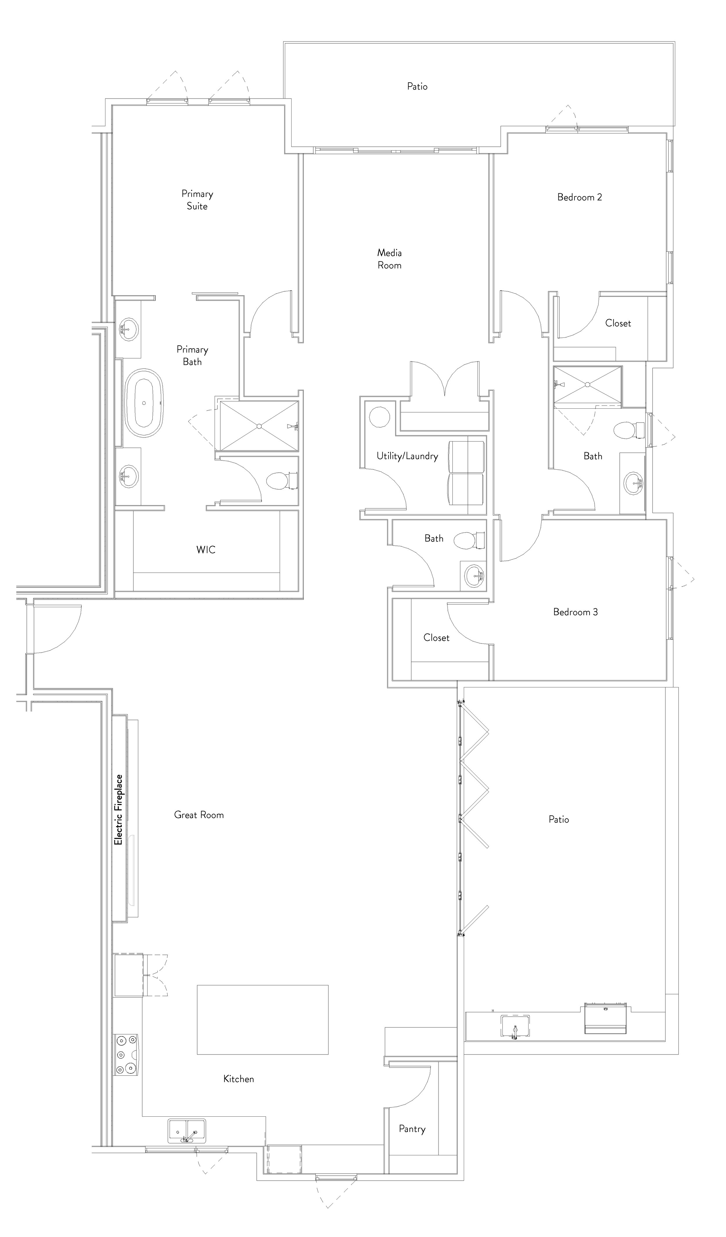 Floor plan of a house with labeled rooms including a great room, kitchen, pantry, primary suite with primary bath and walk-in closet, media room, three bedrooms, two bathrooms, utility/laundry room, two patios, and an electric fireplace.