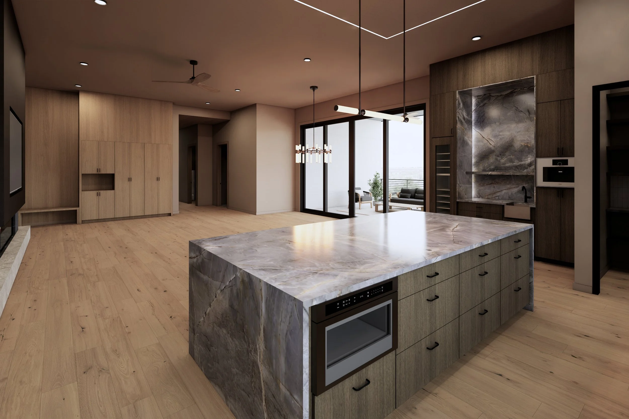 Great room rendering of The Quarter Penthouse in Harris Ranch featuring a gourmet kitchen, expansive living space, floor-to-ceiling glass doors, and private terrace access.