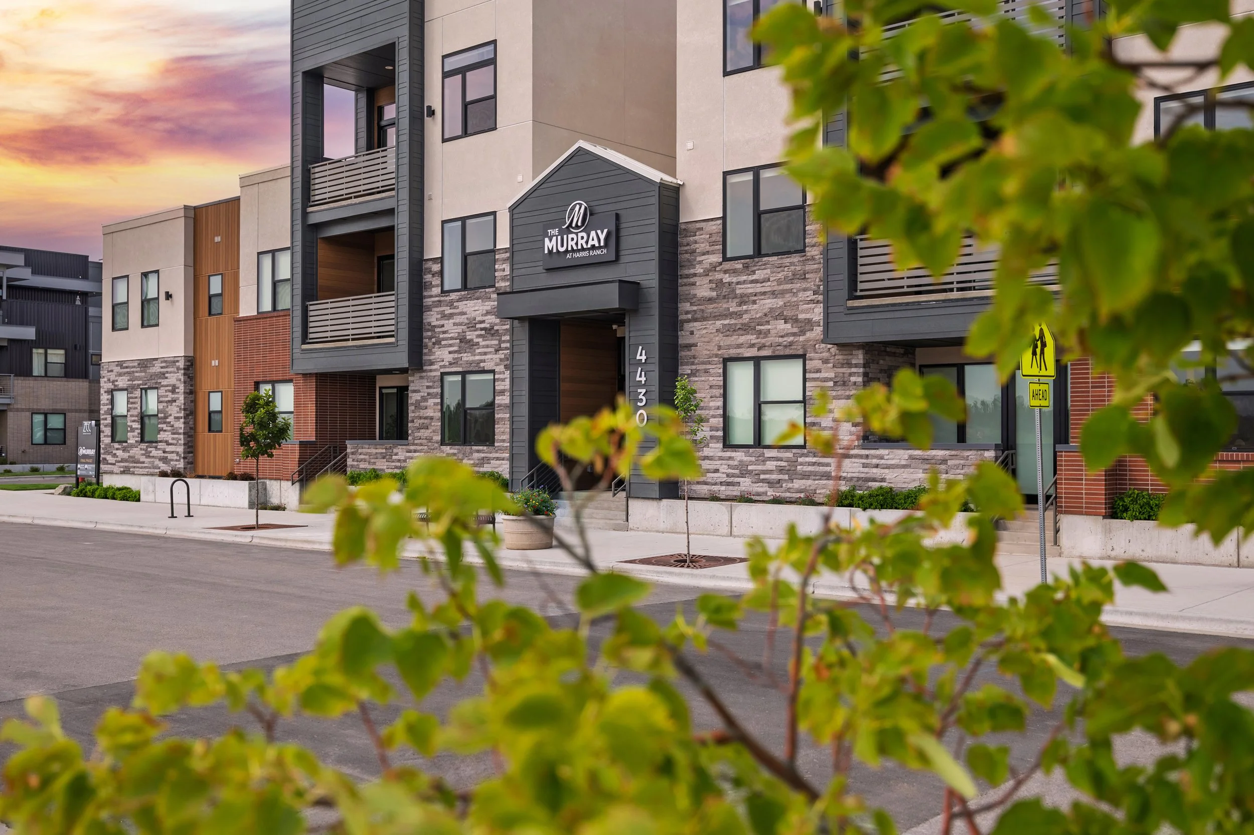 Exterior view of a modern apartment building named The Murray, located at Harris Ranch, with trees and a sidewalk, during sunset.