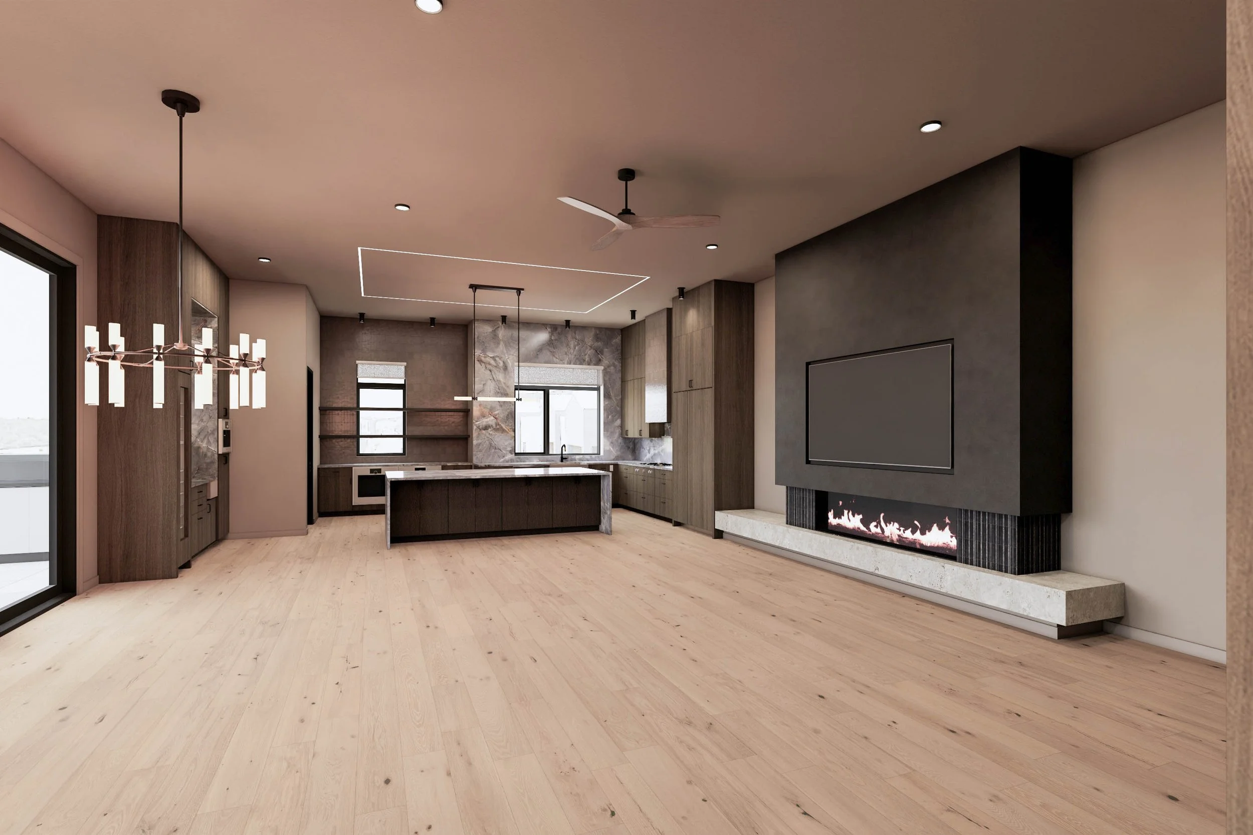 Modern open-concept living space with a kitchen and fireplace, wood flooring, ceiling fan, and contemporary ceiling lighting.