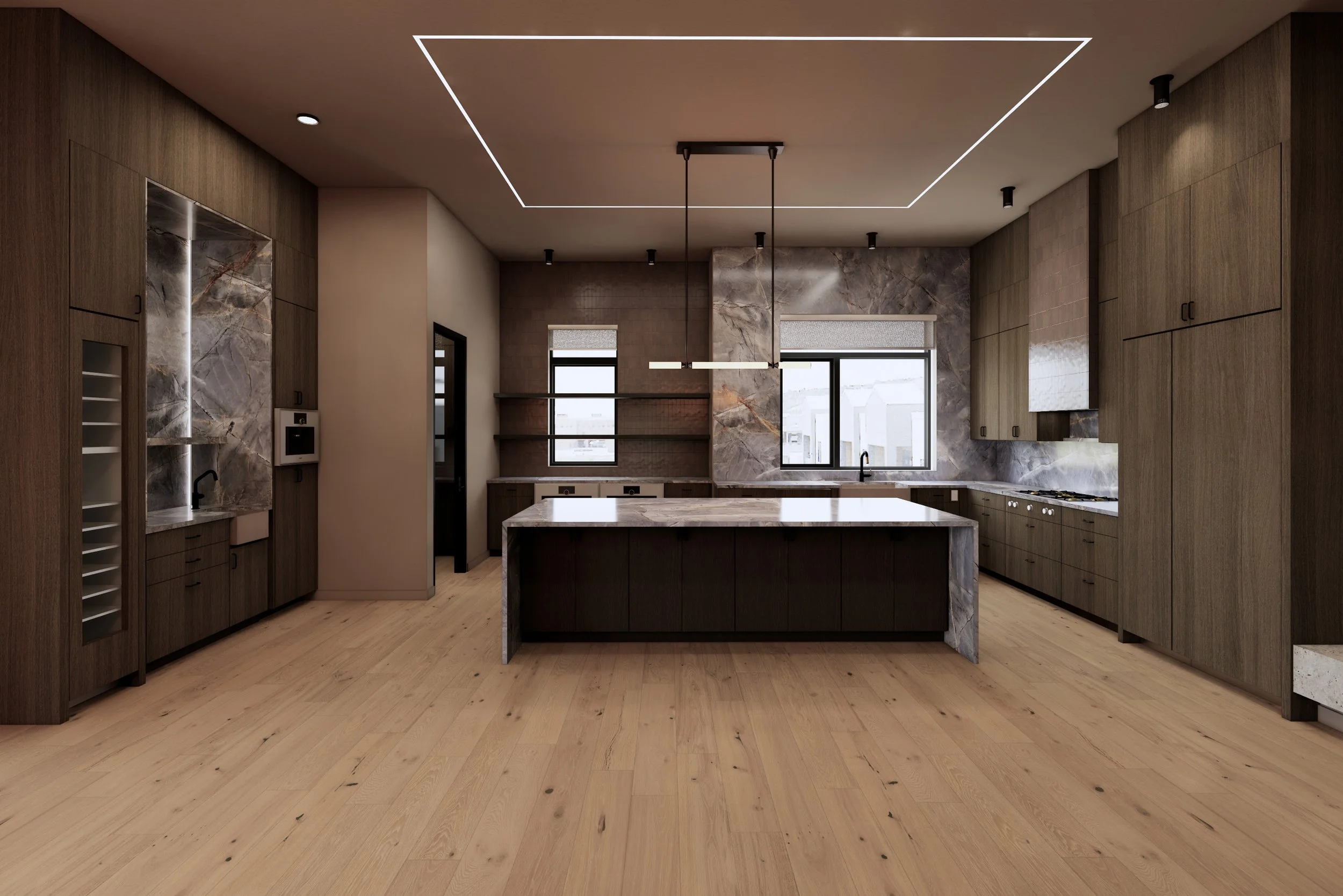 Luxury kitchen rendering of The Quarter Penthouse in Harris Ranch, Boise, with waterfall stone island, custom cabinetry, integrated appliances, and designer lighting.
