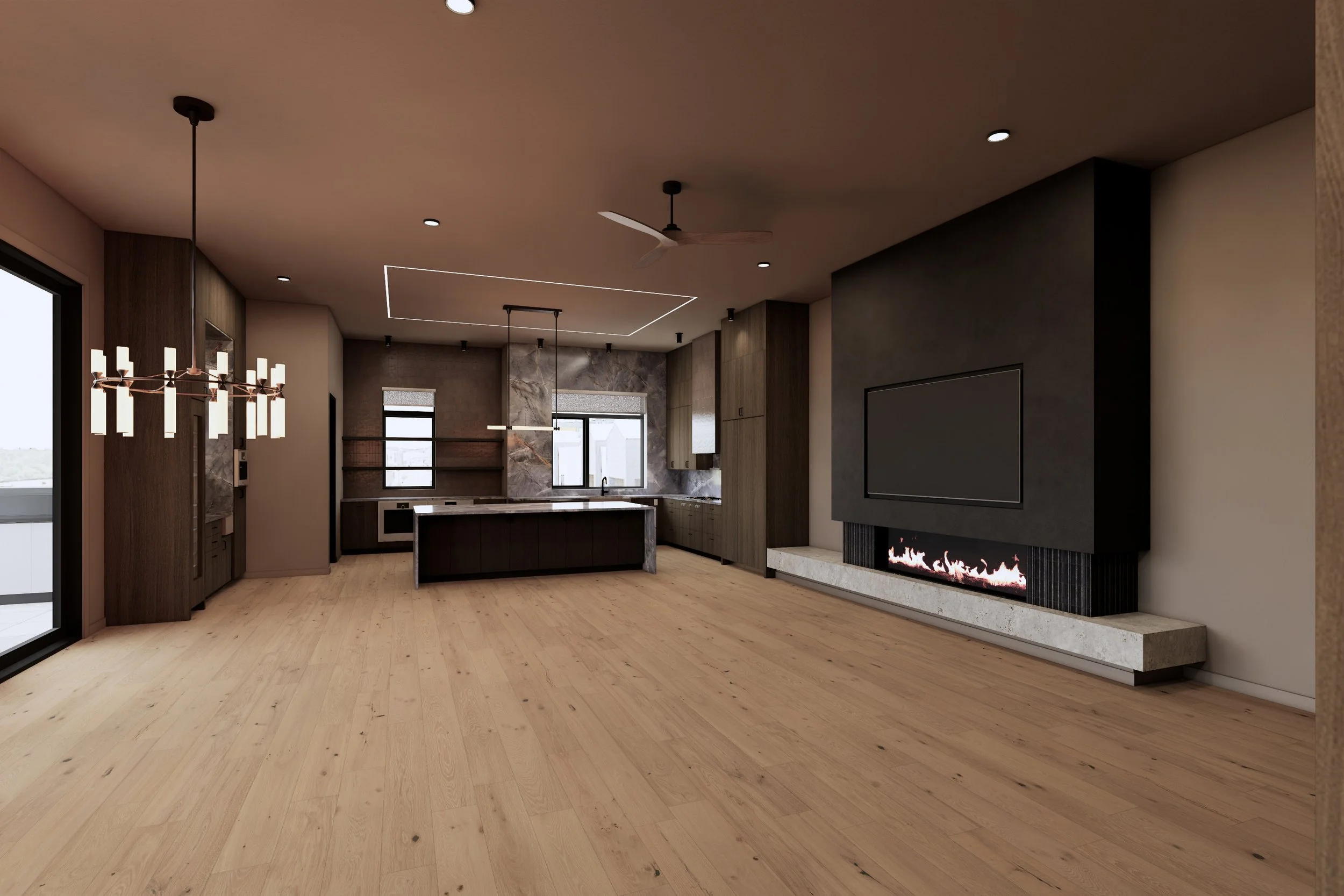 Open-concept living room and gourmet kitchen rendering of The Quarter Penthouse at Warm Springs Condos in Harris Ranch, Boise, featuring a modern fireplace, large island, and contemporary finishes.