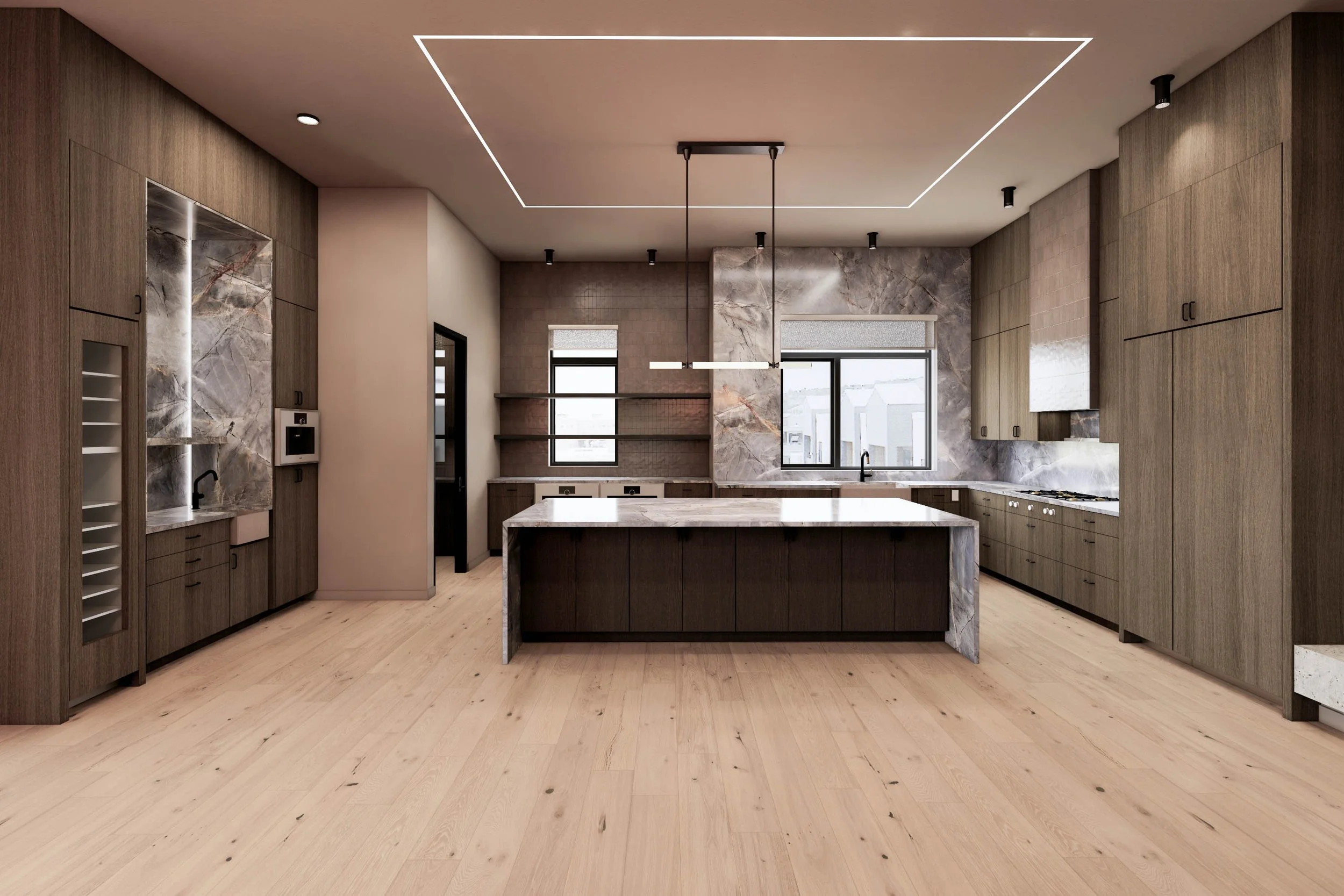 Modern kitchen with light wooden flooring, dark wooden cabinets, marble countertops, and a kitchen island at the center. There are large windows with blinds, recessed lighting, and a ceiling light fixture.