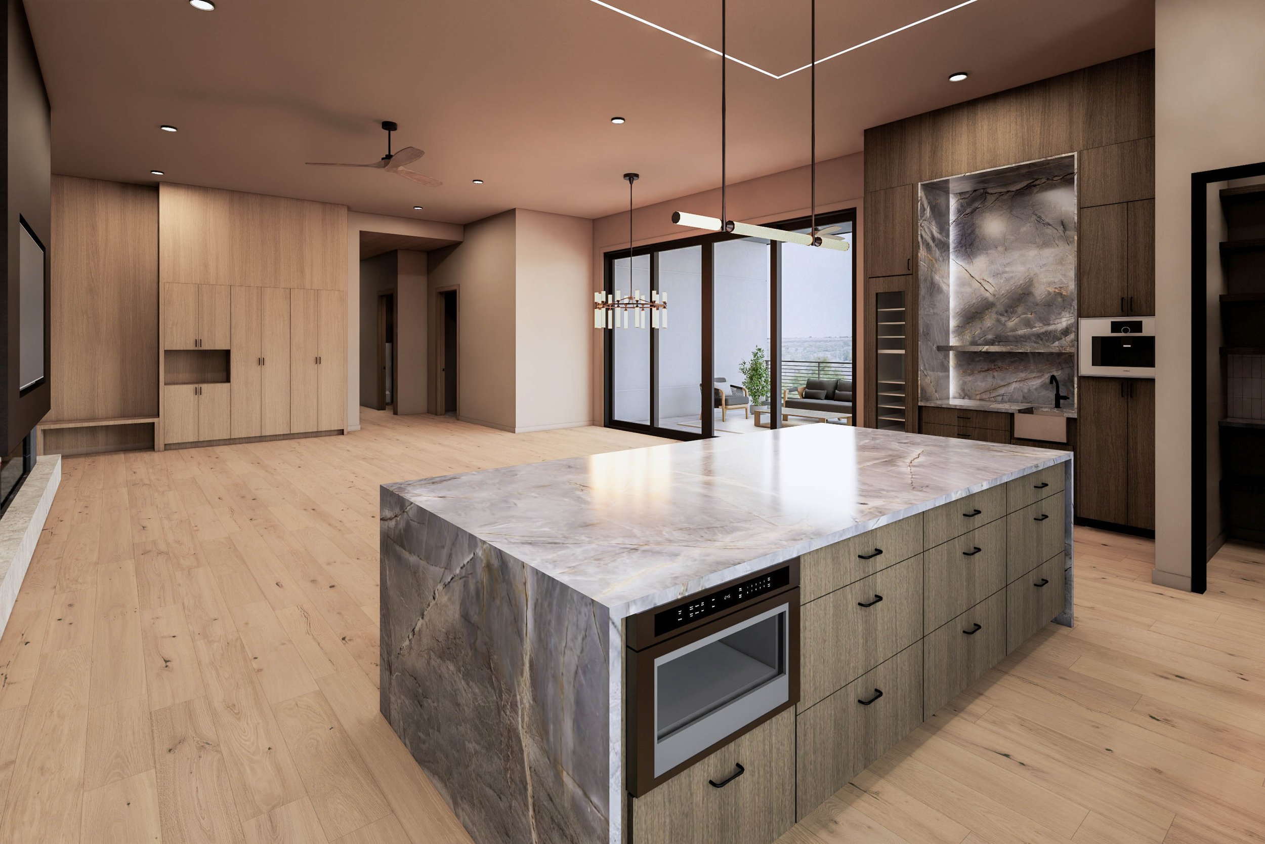 Modern kitchen with marble island, wooden cabinets, stainless steel appliances, and sliding glass doors leading to a balcony with outdoor seating.