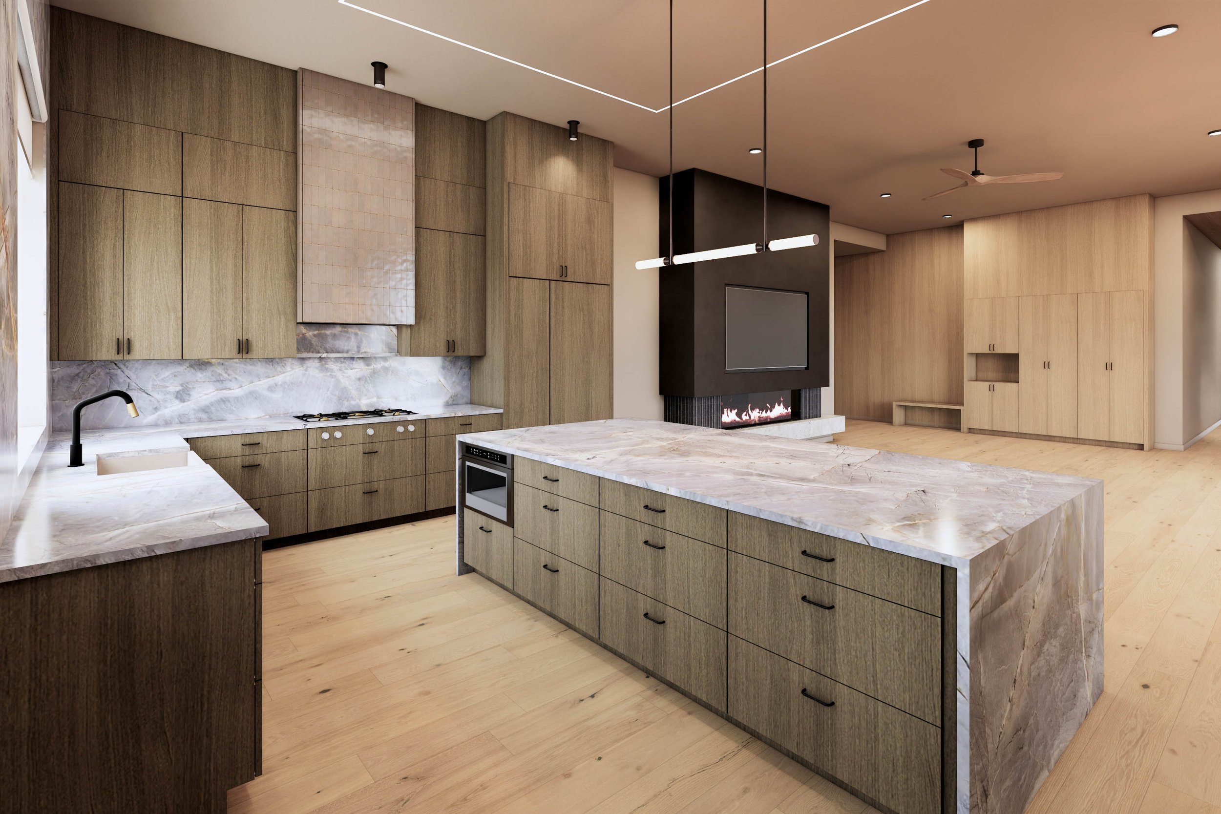 Modern kitchen with beige wood cabinetry, a marble island, a black fireplace with a TV above, and ceiling fan and lights.