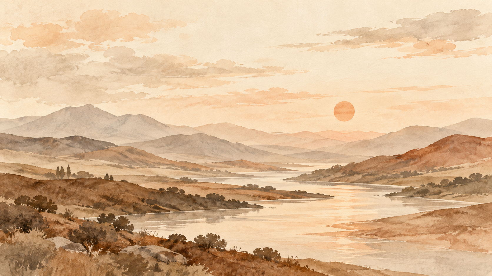 Watercolor landscape of gentle hills and a winding river in warm peach, sand, and earthy brown tones.