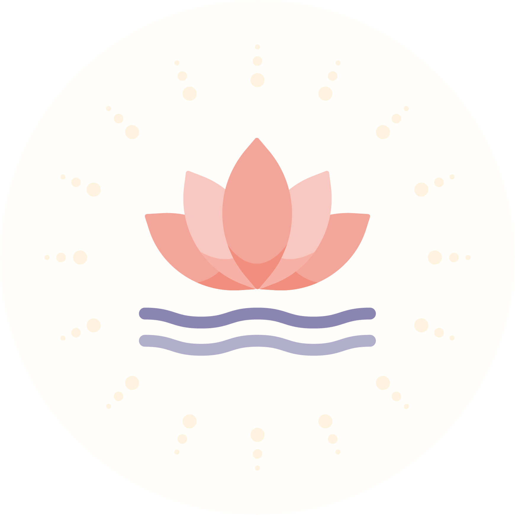 Minimalist illustration of a pink lotus flower floating on three wavy lines, with soft dots radiating outward, on a white background.