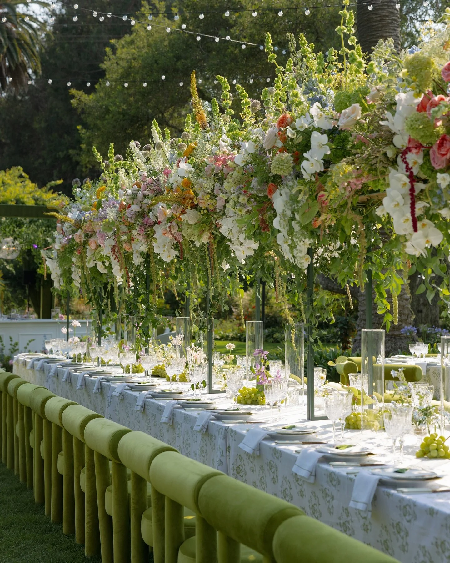 Shades of green, wild floral pieces, velvet chairs, ivy covered hanging lanterns, and so much more 🙌🏻 Let&rsquo;s take a moment for Lauren + Jamie&rsquo;s ethereal reception space @laurelandfey + @soniahopkinsevents created and executed perfectly ?