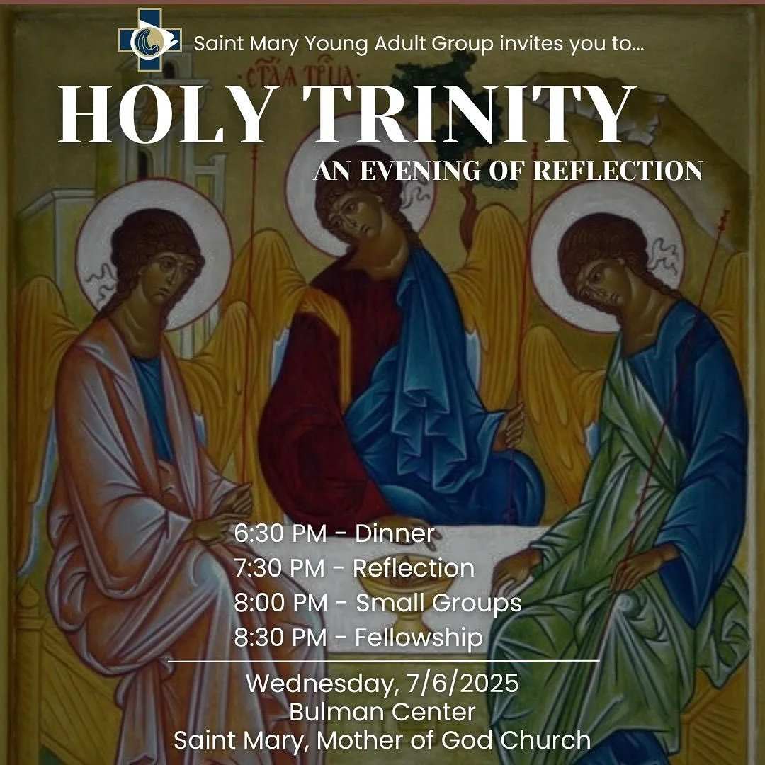 Join us for a night of reflection this Wednesday! We will be praying with an icon of the Trinity, followed by small groups and fellowship!!

Dinner will be served. Attendance is free, but goodwill donations to help cover the food cost are greatly app