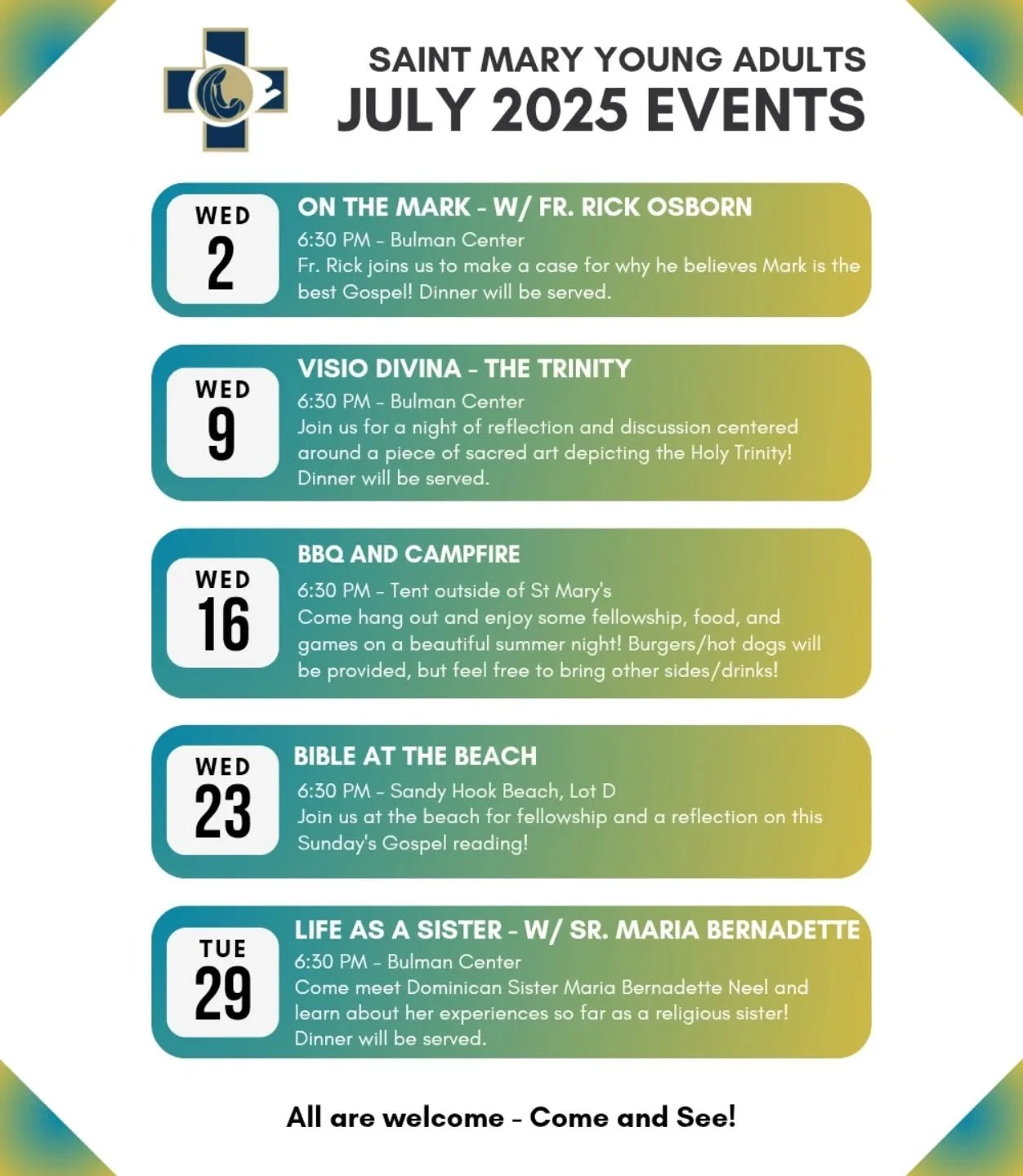 Wake up, Saint Mary YAG July 2025 schedule just dropped!

We hope to see you at some of our events this month! 😃🏖️🇻🇦