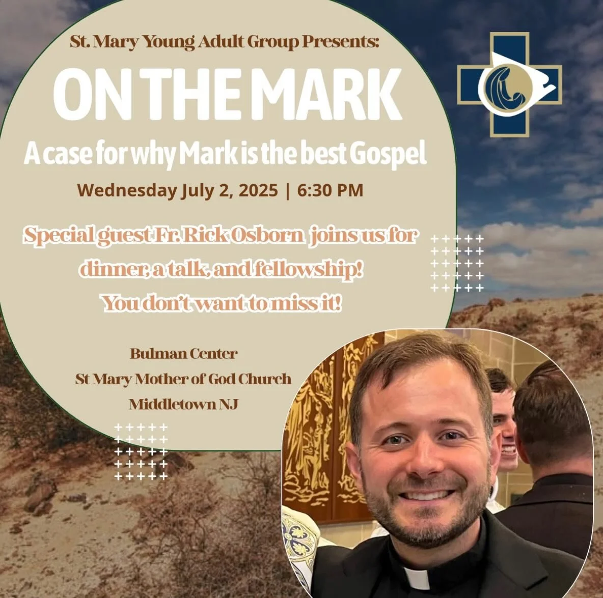 Fr. Rick joins us to talk about why he believes the Gospel of Mark is the best of the four! (Hot take)

Dinner will be provided. Bring a friend!