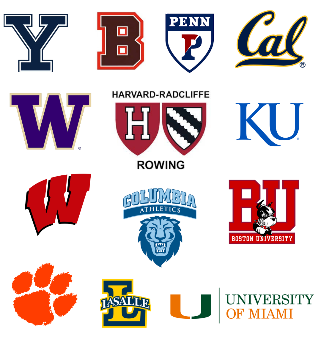 Collection of university sports logos including Yale, Harvard, Penn, Cal, Washington, Harvard-Radcliffe rowing, Kansas, Wisconsin, Columbia, Boston University, Clemson, Miami, La Salle, and University of Miami.