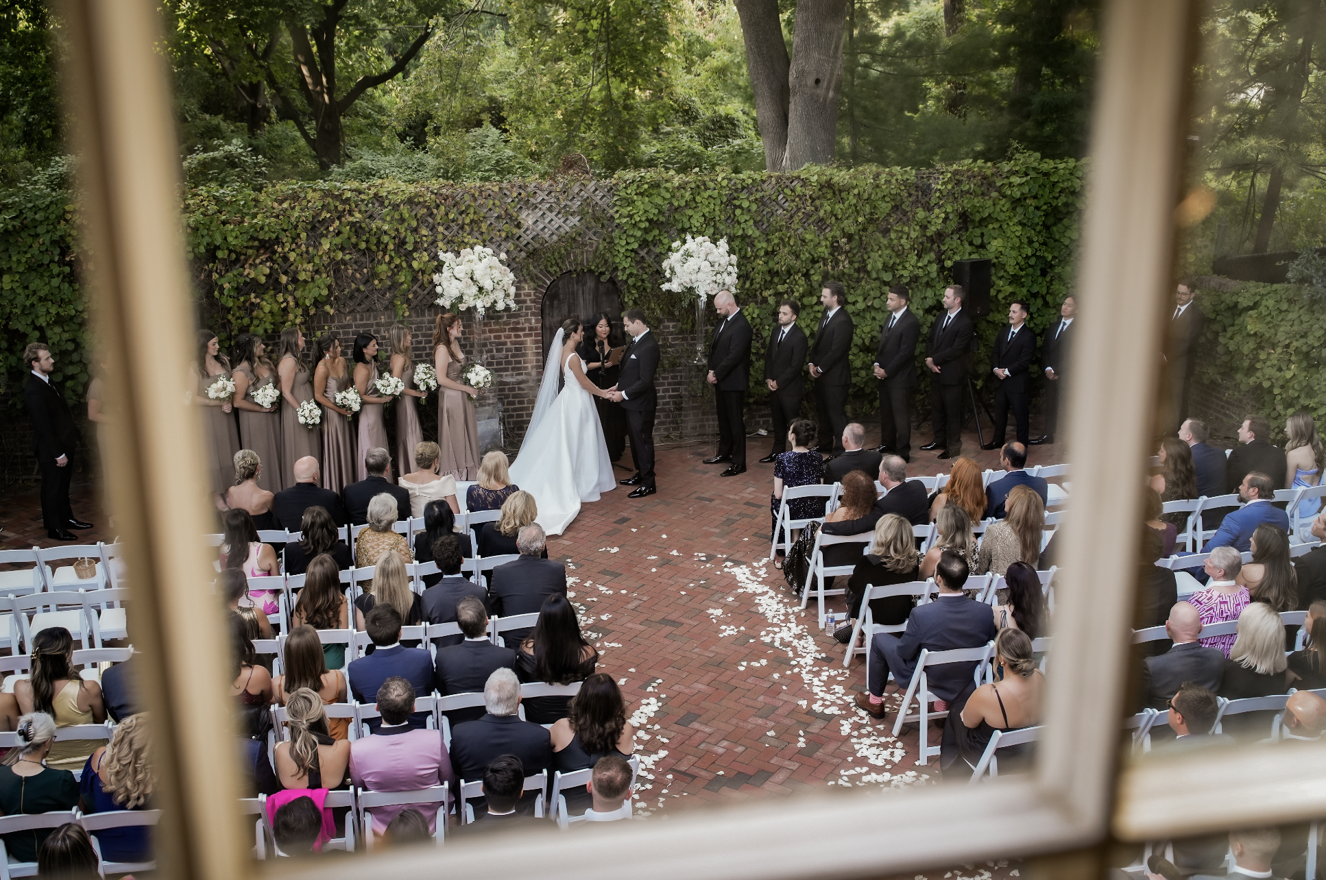 The outdoor ceremony space on the patio at the Royalton Mansion in Roslyn