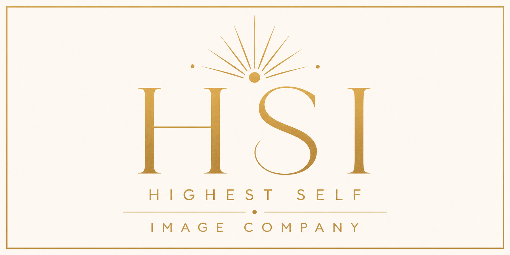 Logo for Highest Self Image Company with large gold letters 'H' and 'S' above the words 'Highest Self' and 'Image Company,' featuring a sunburst graphic above the letters and a thin gold border surrounding the image.