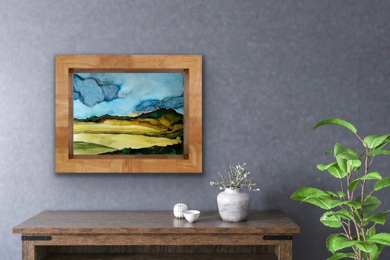 Working on a new series of landscapes using different media. This one was painted with alcohol inks.  #alcoholink #landscapepainting #landscapeart #newseries #artist #landscapeart #artistsofinstagram #clouds #paintedclouds #rollinghills