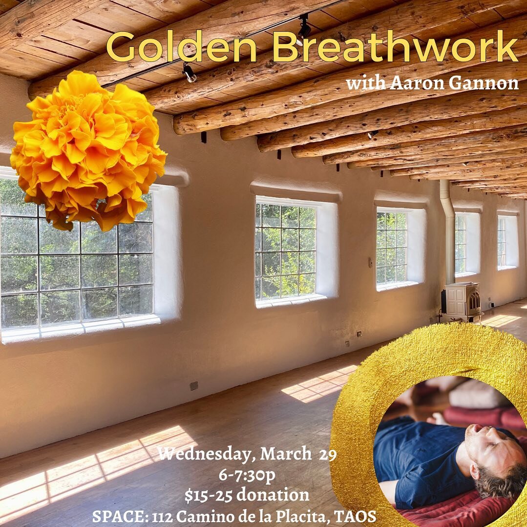 This Wednesday and next Wednesday 6-730p at SPACE in Taos:::Golden Breathwork is powerful because it is balanced; it incorporates two forms of breathing that are expansive in the lower belly (the waters) and chest to clear tension/trauma/constriction