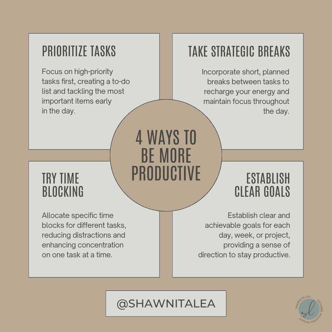 As we near the end of the week and are looking at next week, here are four ways to be more productive with your work time. #Workflow #smallbusinesspartner #VirtualAssistant #RemoteWork #TimeManagement