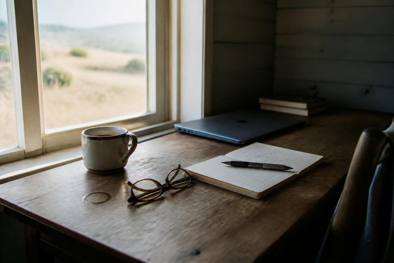 Wooden desk near window with a coffee mug, eyeglasses, a notebook with a pen, a laptop, and a few stacked books visible against a rustic wooden wall.