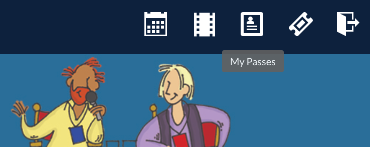 Cartoon illustration of two characters sitting at a table, one speaking into a microphone and the other sitting with a backpack, with icons and a tab labeled 'My Passes' above them.