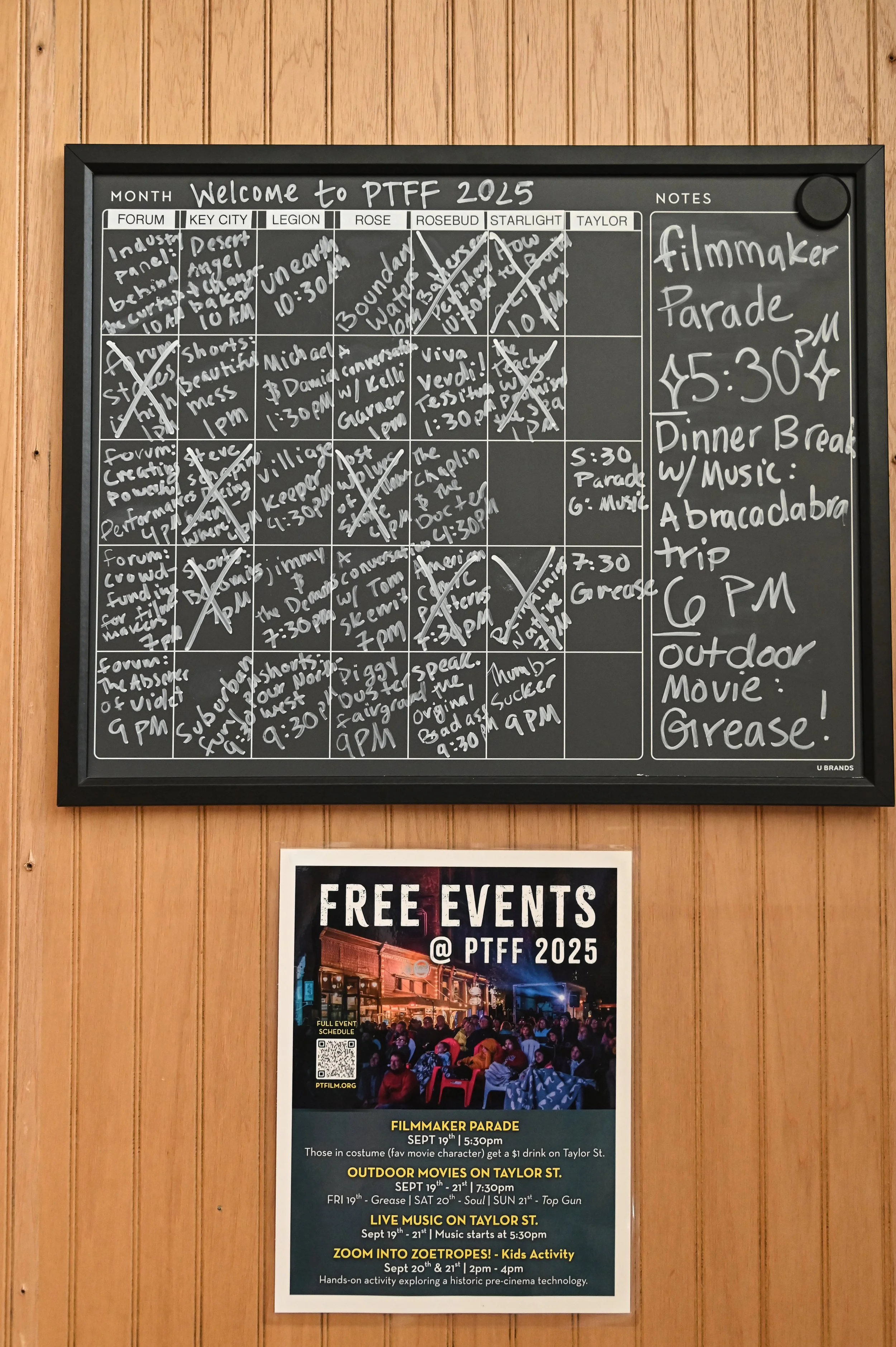 Poster advertising film-related free events and activities at PTFF 2025, including a filmmaker parade, outdoor movies on Taylor Street, live music, and kids activities.