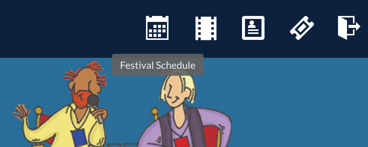 Cartoon illustration of two people speaking at a festival, with a speech bubble labeled 'Festival Schedule' and icons representing calendar, film, identification, ticket, and exit.