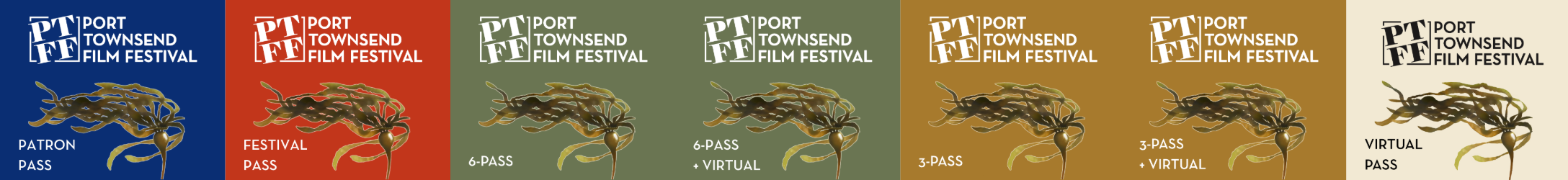 Six digital tickets for the Port Townsend Film Festival, each with a different color and pass type. From left to right: blue for Patron Pass, red for Festival Pass, green for 6-Pass, darker green for 6-Pass + Virtual, yellow for 3-Pass, and cream for Virtual Pass.