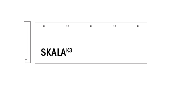 SKALA K3 brick clay shingle diagram showing extended 185 x 500 x 30 mm format with C-shaped profile and mounting hole layout for rainscreen systems.