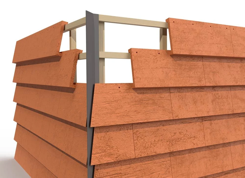 SKALA K ventilated rainscreen system diagram showing C-shaped clay shingles installed over sub-framing with staggered exposure.