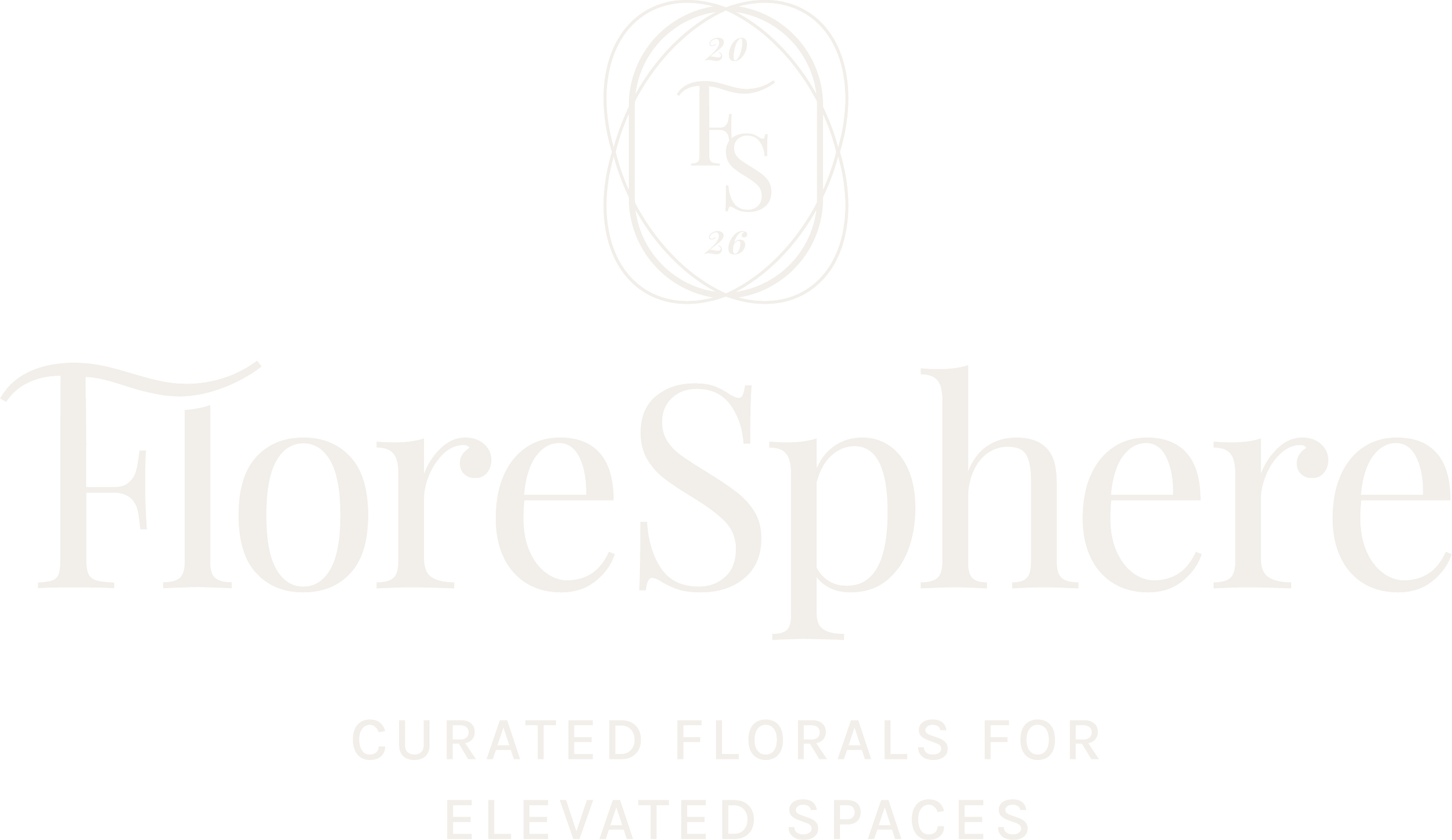 Black background with white text and logo for FloreSphere, a floral business specializing in curated florals for elevated spaces.